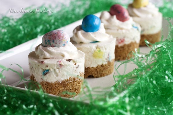 mini no bake cheesecakes topped with Robin's Eggs malted milk balls for Easter